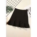 Womens Skirt Casual Plain Anti-Emptied Zipper Back Asymmetric Ruffle Hem Mini A-Line Trumpet Skirt