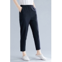 Casual Womens Plain Linen and Cotton Elastic Waist Cropped Relaxed Fit Pants