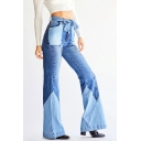 Retro Womens Jeans Color Block Paneled Bow-Knot High Waist Zipper Fly Regular Fit Long Flare Jeans
