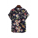 Basic Mens Shirt Bird Floral Leaf Printed Cotton Linen Button Detail Short Sleeve Stand Collar Regular Fit Shirt