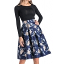 Women's Fancy Skirt Leaf Floral Pattern Jacquard High Waist Pleated Detail Zip Fly Knee Length A-Line Skirt