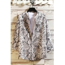 Mens Shirt Fashionable Snakeskin Pattern Chest Pocket Stand Collar Button Detail Relaxed Fit 3/4 Sleeve Shirt