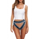 Womens Trendy Shorts Cut-out Integrated Belt Ripped Trim Slim High-rise Mini Denim Shorts with Washing Effect
