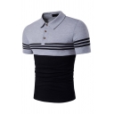 Men's Trendy Polo Shirt Color-block Horizontal Stripe Pattern Button Placket Short Sleeves Spread Collar Slim Fit Polo Shirt