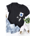 Trendy Astronaut Logo Printed Round Neck Roll Up Short Sleeve Regular Fit T-Shirt for Women