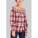 Retro Womens Tartan Printed Ruched Stringy Selvedge Off the Shoulder Long Sleeve Loose Fit Blouse Top in Red