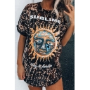 Retro Womens Tee Top Sun Letter Sublime Pattern Crew Neck Tunic Relaxed Fit Half Sleeve Tee Top