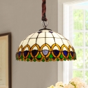 3-Bulb Hanging Chandelier Tiffany Style Grid Dome Hand Cut Glass Pendant Lighting in Brass