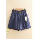 Casual Shorts Floral Embroidery Button Pocket Paperbag Waist Elastic High Rise Oversize Shorts for Women