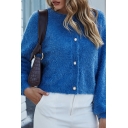 Fashion Womens Solid Color Button Up Collarless Long Sleeve Relaxed Fit Cropped Knitwear Cardigan Top