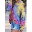 Fashionable Womens Tie Dye Cold Shoulder Oblique Collar Long Sleeve Oversized Pullover Sweatshirt
