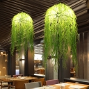 Industrial Spherical Chandelier Lamp 5 Lights Metallic Ceiling Hang Fixture with Seaweed Deco in Green