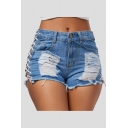 Womens Cool Sexy Night Club Hollow Lace-Up Side Frayed Hem Skinny Light Blue Denim Shorts