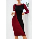 Casual Color Block Boat Neck Long Sleeve Midi Bodycon Sweater Dress for Women