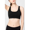 Sportswear Womens Solid Color Scoop Neck Strappy Hollow Out Back Fit Bustier in Black