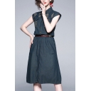 Navy Blue Vintage Plain Ripped Detail Button Front Flap Pocket Belted Turn-down Collar Sleeveless Midi A-Line Denim Dress for Women