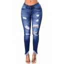 Blue Womens Jeans Stylish Medium Wash Ripped Asymmetric Fringe Cuffs Low Rise Zipper Fly Ankle Length Slim Fit Tapered Jeans