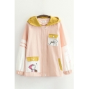 Preppy Looks Japanese Letter Embroidered Cartoon Print Contrasted Flap Pockets Long Sleeve Hooded Relaxed Jacket
