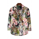 Cool Mens Shirt Floral Leaf Pattern Curved Hem Button up Turn-down Collar Long Sleeve Relaxed Fitted Shirt