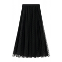 Womens Skirt Stylish Flocked Polka Dot Tulle High Elastic Waist Maxi A-Line Swing Skirt
