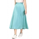 Fashion Womens Skirt Solid Color Elastic Waist Zip Placket High Waist Long A-Line Skirt