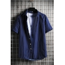Cool Mens Shirt Vertical Pinstriped Printed Button up Turn-down Collar Short Sleeve Relaxed Fit Shirt