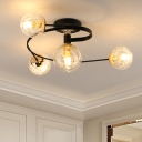 Clear Glass Ball Ceiling Lighting Contemporary 4 Bulbs Black Semi Flush Light with Swirling Arm