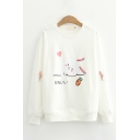 Cute Girls Japanese Letter Rabbit Graphic Ears Panel Long Sleeve Crew Neck Loose Pullover Sweatshirt