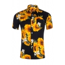 Retro Mens Shirt Sunflower Daisy Pattern Button up Turn-down Collar Short Sleeve Slim Fitted Shirt with Chest Pocket