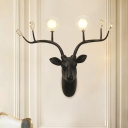 2 Bulbs Wall Lighting Traditional Living Room Resin Deer Head Wall Lamp with Clear Glass Shade in Black/White