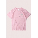 Fancy Mens T-Shirt Cartoon Cat Letter Printed Applique Pocket Short Sleeve Crew Neck Regular Fitted Graphic T-Shirt
