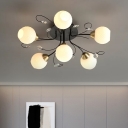 6 Bulbs Living Room Semi Flush Contemporary Black Ceiling Lamp with Ball Cream Prismatic Glass Shade