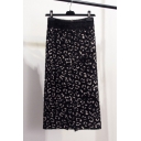 Chic Skirt Leopard Skin Pattern Split High Waist Elastic Midi A-Line Knit Skirt for Women