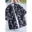 Retro Mens Shirt All-over Leaf Pattern Button-down Half Sleeve Turn-down Collar Loose Fit Shirt