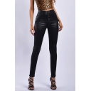 Retro Womens Pants Black Snakeskin Pattern PU Leather High Rise Button Fly Ankle Length Slim Fit Tapered Pants