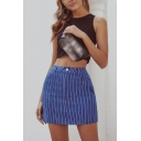 Novelty Womens Skirt Vertical Striped Printed Zipper Fly Mini Denim Bodycon Skirt