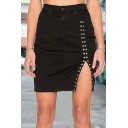 Classic Womens Skirt Solid Color Front Grommet Split Detail Zipper Fly High Waist Short Bodycon Skirt