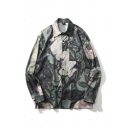 Mens Shirt Creative Floral Leaf Painting Chest Pocket Spread Collar Button-down Relaxed Fit Long Sleeve Shirt