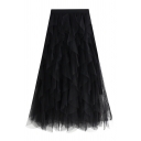 Classic Womens Skirt Solid Color High Elastic Waist Layered Tulle Ruffle Midi Asymmetrical Skirt