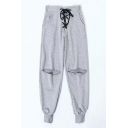 Casual Sport Women's Drawstring Waist Distressed Cuffed Baggy Tapered Long Sweatpants in Grey