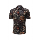 Mens Fashion Shirt Plant Floral Leaf Dots Tribal Printed Point Collar Button up Curved Hem Short Sleeves Slim Fitted Shirt