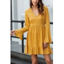 Fashionable Womens Bell Long Sleeve V-neck Ruffled Short Pleated A-line Dress in Yellow