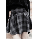 Retro Womens Skirt Plaid Pattern Lace-up Decorated High Waist Short A-Line Skirt