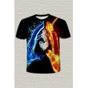 Stylish Mens Tee Top 3D Heart Water Fire Hand Pattern Short Sleeve Crew Neck Fitted Tee Top in Black