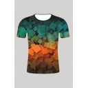 Mens 3D T-Shirt Fashionable Contrasted Geometric Square Printed Crew Neck Short Sleeve Slim Fitted T-Shirt