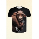 Classic Mens 3D Black Tee Top Cow Hip Flask Pattern Round Neck Regular Fit Short Sleeve Tee Top