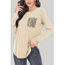 Leisure Womens Leopard Printed Patchwork Pocket Curved Hem Crew Neck Long Sleeve Relaxed Fit Tunic Tee Top