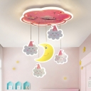 Crescent and Cloud Draping Ceiling Light Cartoon Acrylic 4-Head Pink LED Flush Mount Lamp for Baby Room
