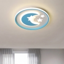 Acrylic Moon and Star Ceiling Fixture Macaron LED Flush Mount Lamp in Pink/Blue with Circle Design