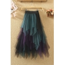 Simple Womens Skirt Colorblock Mesh Layered Asymmetric Hem High Rise Elastic Maxi A-Line Tutu Skirt